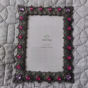 Sunflower Designs 4x6 Photo Frame Pewter Metal Pink Purple Heart Rhinestone Orna
